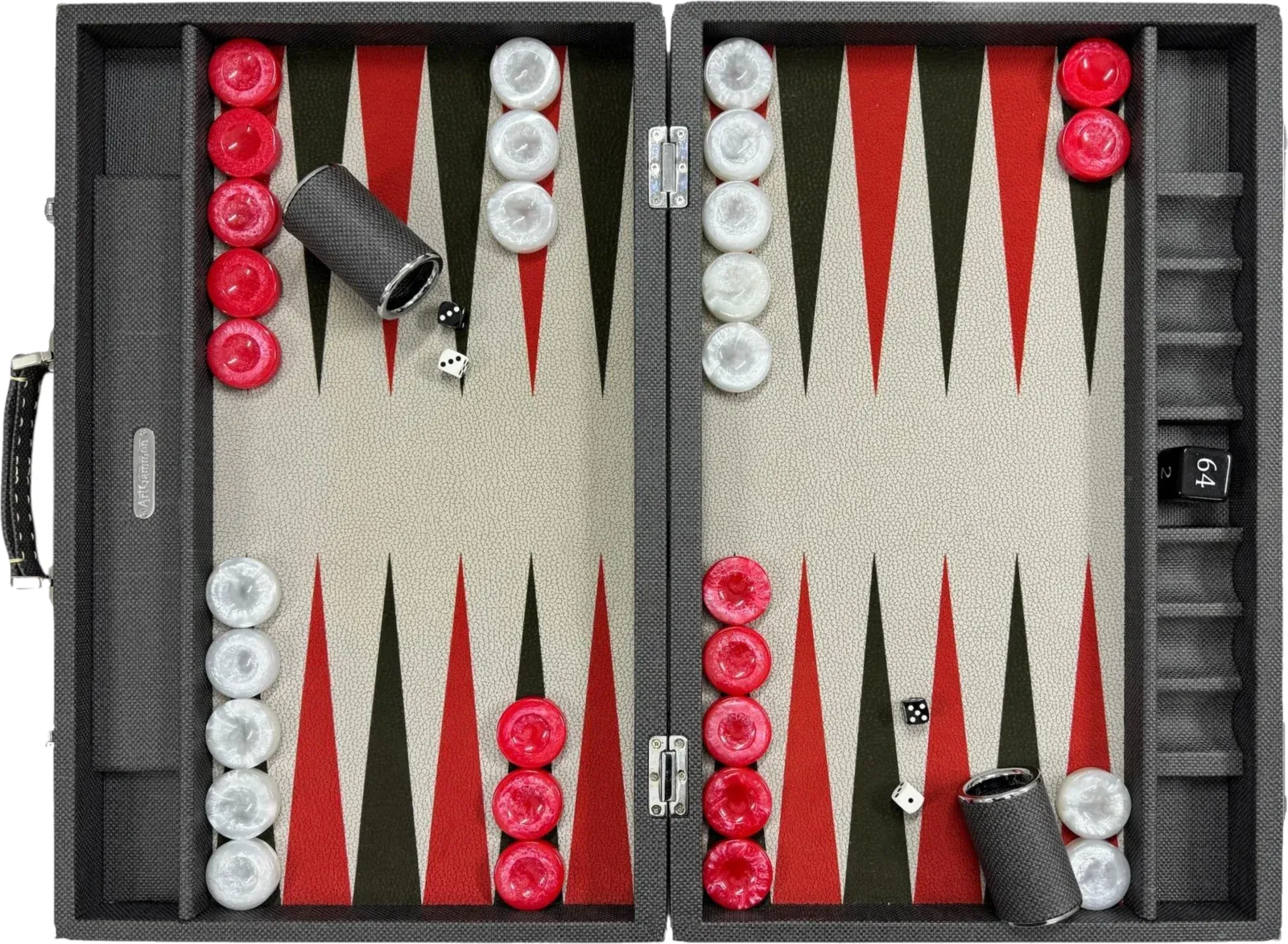 Competition board in grey textile look, open and seen from above, with red and white checkers on a stone-coloured field