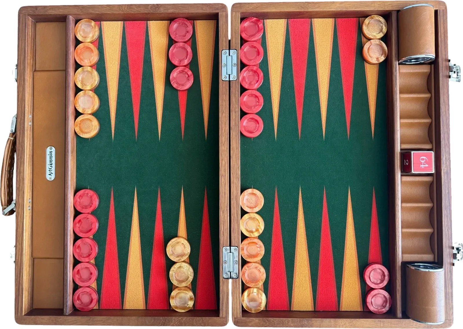 Travel board in teak, open and seen from above, with a green field and orange and red checkers