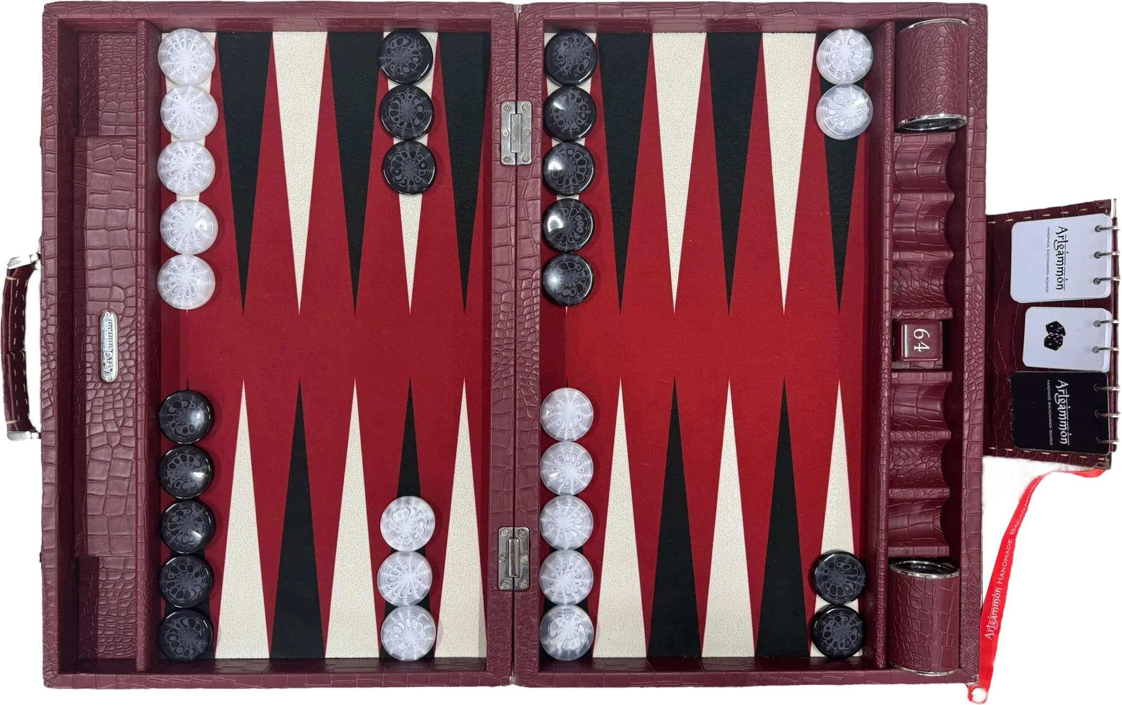 Burgundy croco board, open and seen from above, with red and cream points, pearl and black checkers and a flip scoreboard
