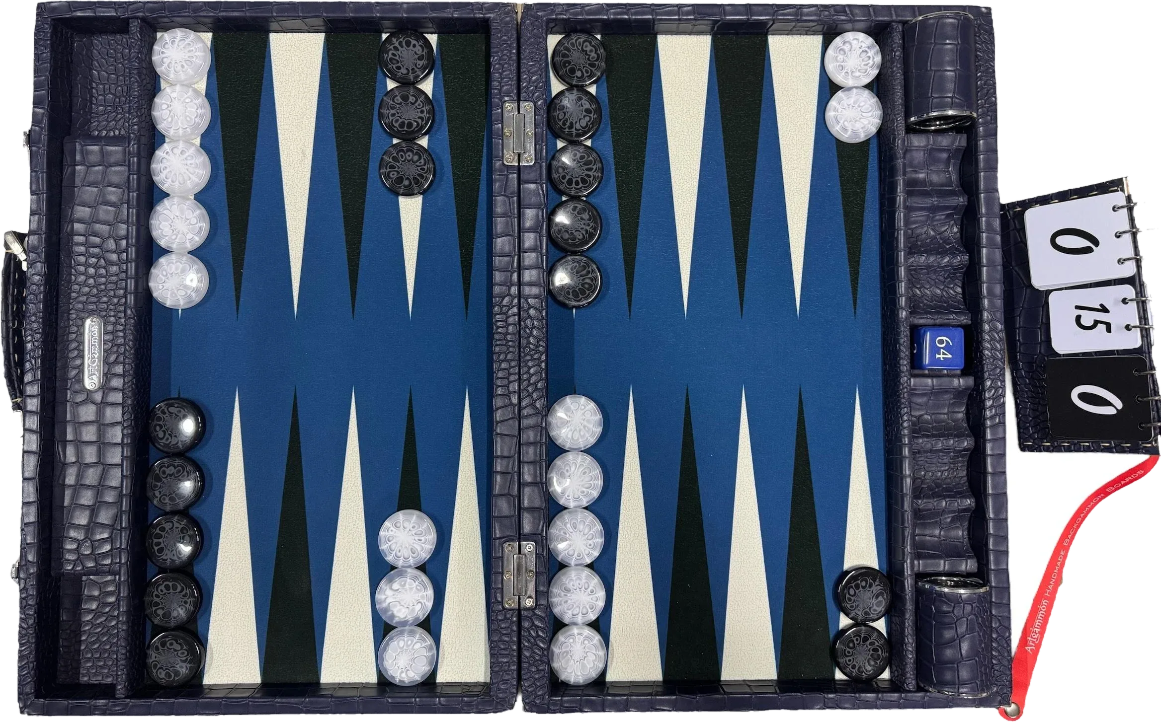 Navy blue croco board, open and seen from above, with blue and cream points, pearl and black checkers and a flip scoreboard